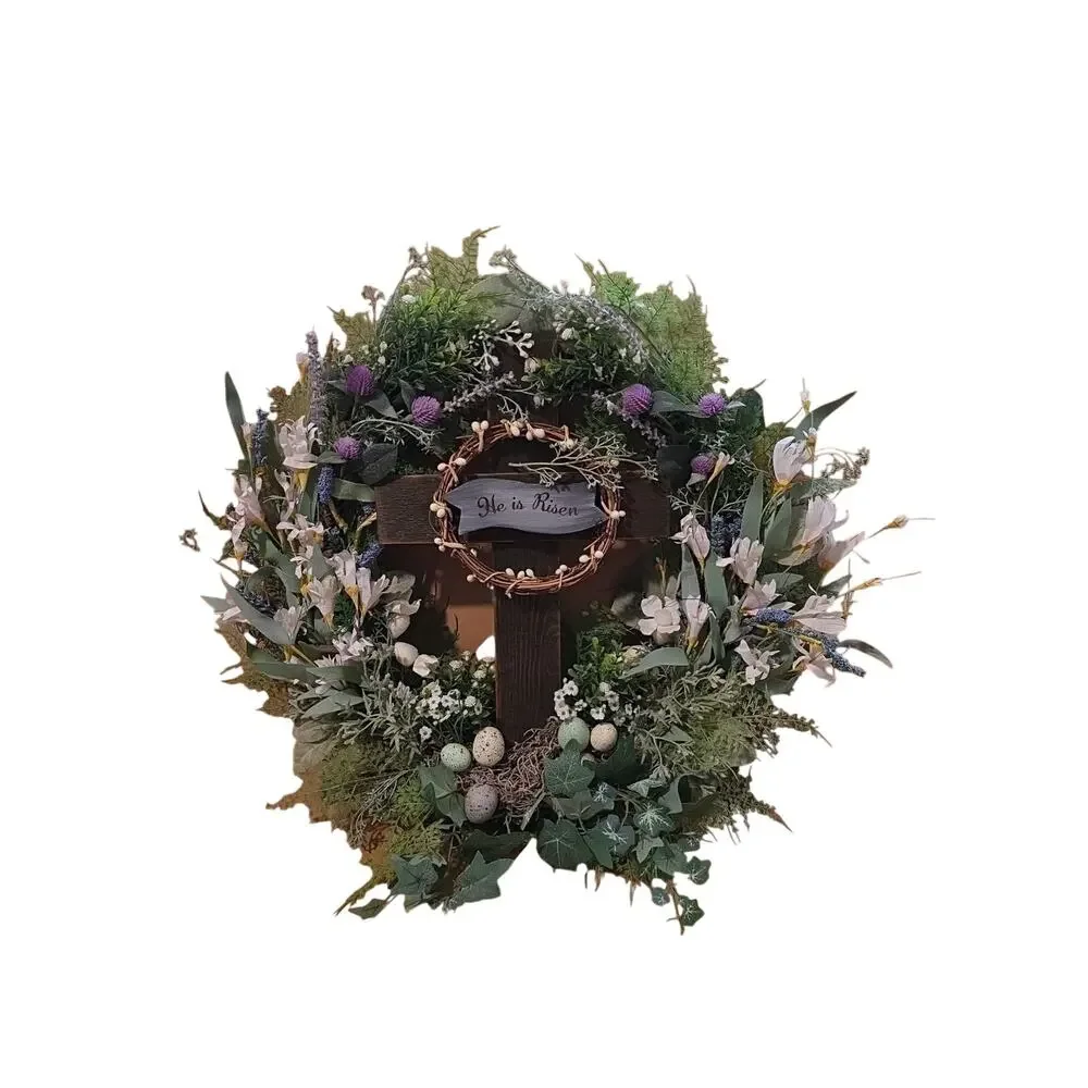 Handmade Easter He Is Risen Wreath Spring Wooden Cross 21